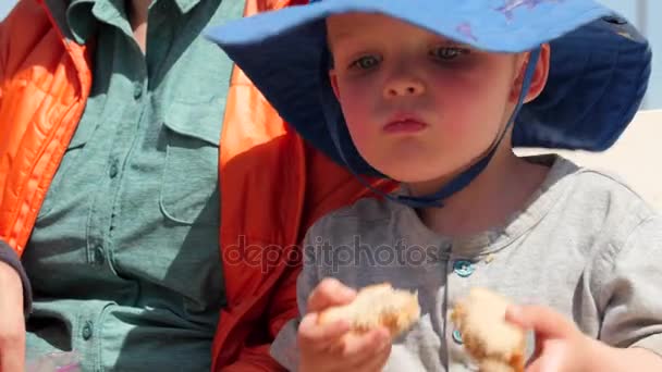 Madre haciendo un picnic con su hijo en el parque — Vídeos de Stock