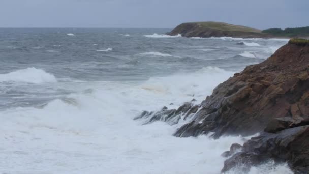 Onde che atterrano su rocce sulla costa di Capo Bretone — Video Stock