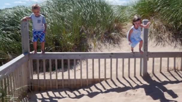 Barnen hoppar från räcket vid stranden — Stockvideo