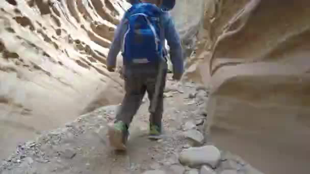游戏中时光倒流的男孩在一个狭窄的峡谷徒步旅行 — 图库视频影像