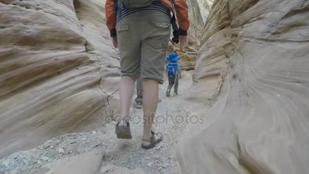 Los turistas caminan a través de un cañón de ranura del desierto — Vídeos de Stock