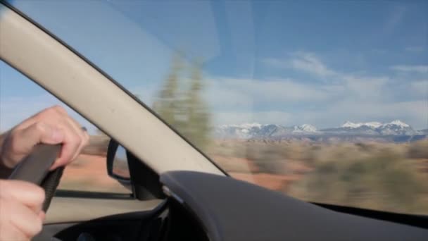 Mężczyzna jadący samochodem przez park narodowy — Wideo stockowe