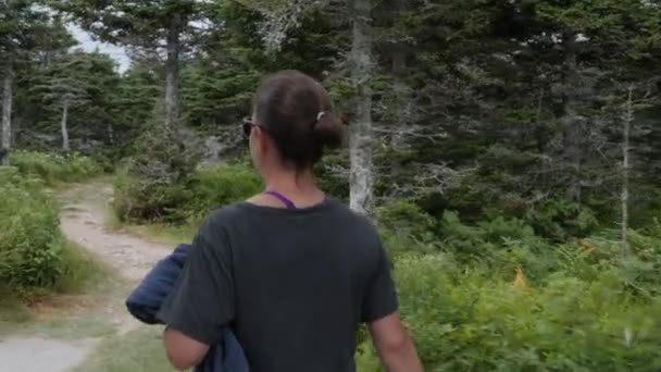 Женщина и семья прогулки через лес — стоковое видео