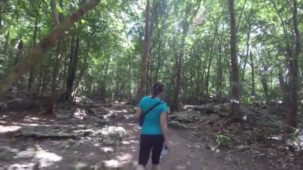 Mujer caminando por la selva en un sendero — Vídeo de stock