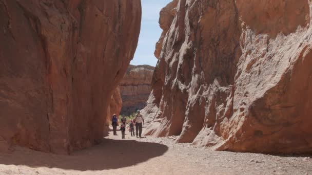 Familie wandelen in diep woestijn canyon — Stockvideo