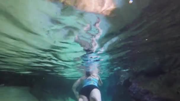 Woman Swimming Underground Cave Cenote Mexico — Stock Video