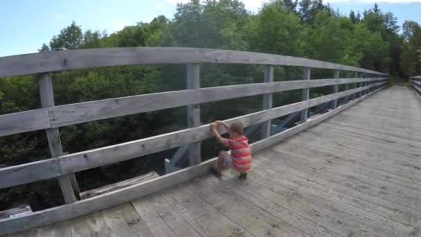 Gimbal Strzał Chłopca Patrząc Drewna Mostu — Wideo stockowe