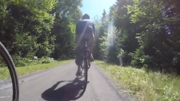 Människor Ridning Cyklar Genom Vackra Gröna Skogen — Stockvideo