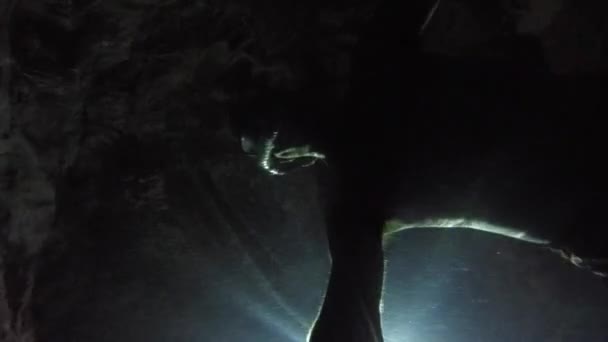 Foto Subaquática Homem Nadando Escuro Cenote Bem México — Vídeo de Stock