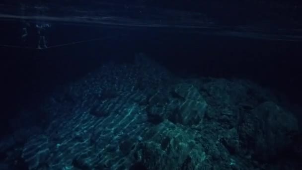 Víz Alatti Szemcsésedik Ból Úszás Sötét Friss Cenote Turisták — Stock videók