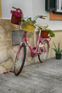 Bir İspanyol kasabasında bir evin duvarına yakın çiçeklerle pembe bisiklet