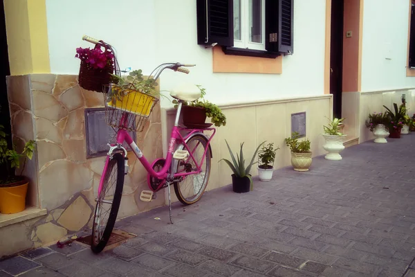 Evin duvarına yakın çiçeklerile pembe bisiklet