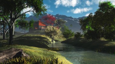 nehir ile 3D illüstrasyon klasik peyzaj kompozisyon 