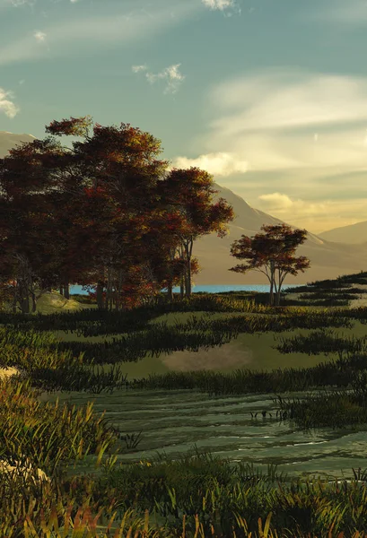 Nehir çimen ve ağaçları ile 3D çizim sonbahar sahne — Stok fotoğraf