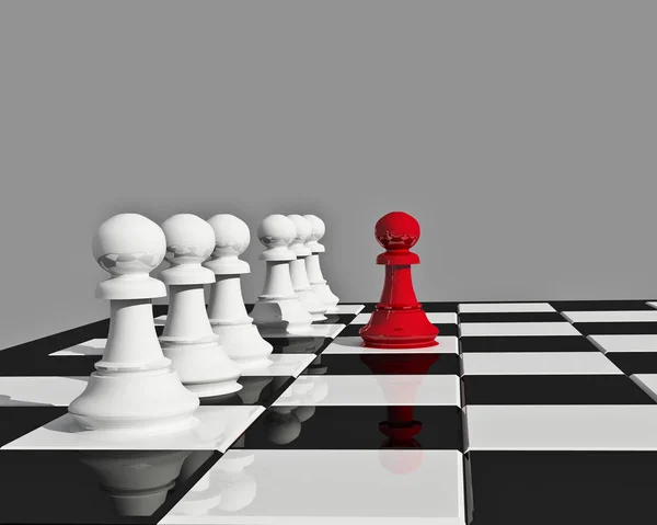 Ilustración 3d con tablero de ajedrez y siete piezas de ajedrez — Foto de Stock