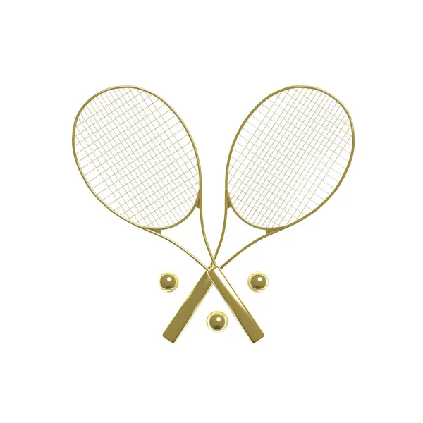 3d illustration two golden tennis rackets with balls — Stock Photo, Image