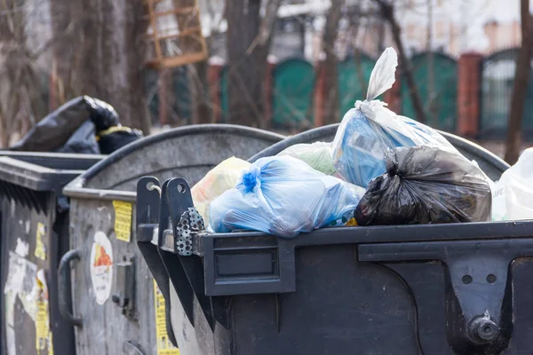 Basurero Rrey, reciclaje, basura y papeleras cerca de la construcción. Ba — Foto de Stock