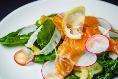 Ispanak, kereviz, rezene, salatalık, turp ve somon salata 