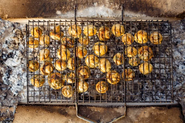 Heerlijke paddenstoelen zijn gekookt op een grill op hete kolen in een kamp — Stockfoto