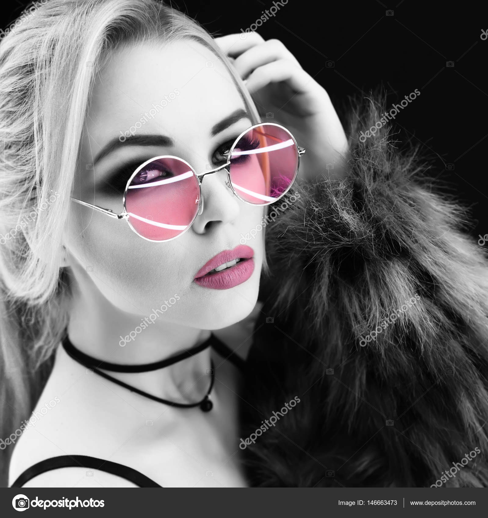 Beauty girl black and white portrait, wearing stylish sunglasses and choker. Sexy woman portrait with perfect makeup and and blonde hair style,trendy accessories. Beauty fashion trends Stock Photo ©NicoleClaudia