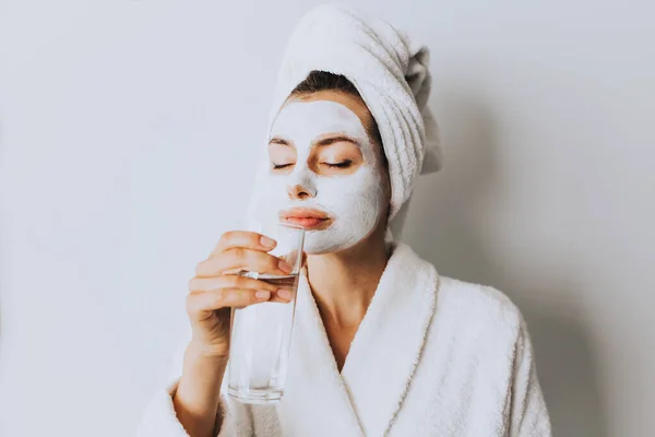 Face Body Skin Care Face Treatment Home Concept Wearing Bathrobe — Stock Photo, Image