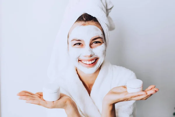 Beauty Procedures Skin Care Concept Young Woman Applying Facial Gray Stock Photo