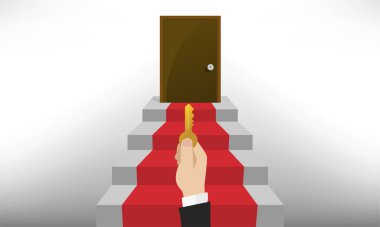 The brown on the top of grey stair with red carpet and hand in suit hold golden key vector The brown on the top of grey stair with red carpet and hand in suit hold golden key vector