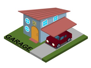 Isometric mavi gri garaj evi. Ön kapıda servis simgesi ve kırmızı araba var. 