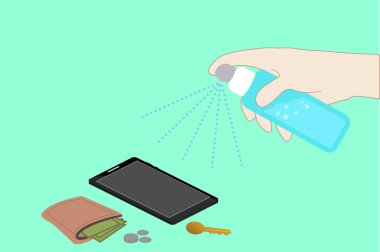 Cep telefonu, cüzdan, anahtar odası, Corona virüsünün önlenmesi gibi kişisel eşyaların temizlenmesi için el yapımı alkol spreyi