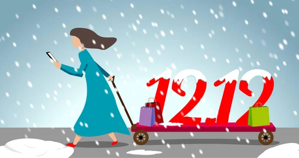Koyu mavi elbiseli kadın alışveriş arabası ve alışveriş çantası konsepti 12.12 kış terfisi kar fırtınası sırasında 