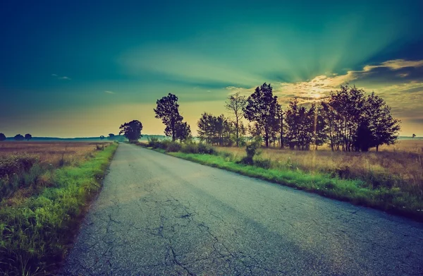 Vintage paesaggio estivo con strada asfaltata sui campi — Foto Stock