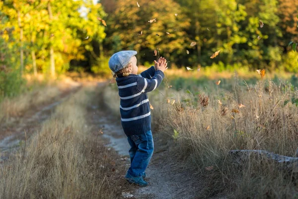 Niño feliz jugando al aire libre en hermosos paisajes de otoño — Foto de Stock