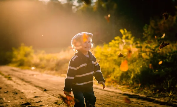 Menino feliz jogando ao ar livre em belas paisagens de outono — Fotografia de Stock