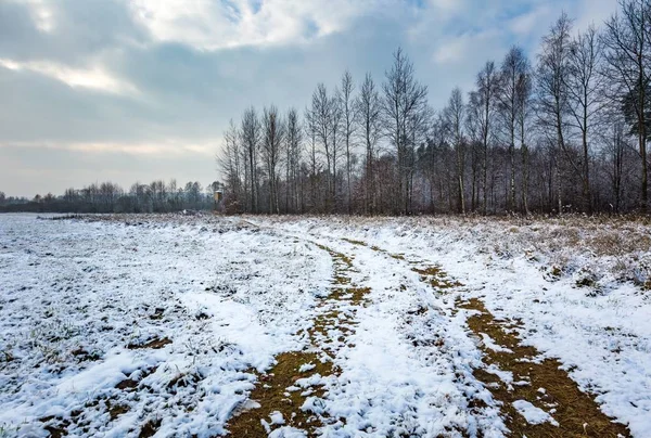 Paisaje invernal con piel elevada y campo cubierto de nieve — Foto de Stock