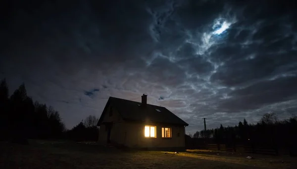 Paesaggio con casa di notte sotto cielo nuvoloso — Foto Stock