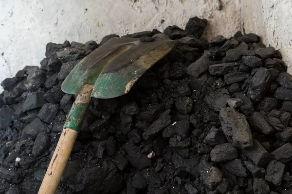 黒い石炭、家の地下室での杭の上に横たわるシャベル — ストック写真