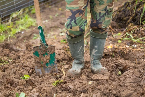 Mann buddelt mit Spaten im Garten — Stockfoto