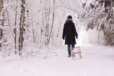 Kadın çekerek ahşap kızak
