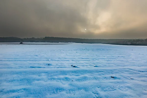 Zimą snowy pola i mglisty dzień — Zdjęcie stockowe