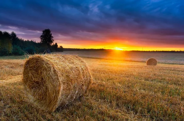 Západ slunce nad krásné pole s balíky slámy. — Stock fotografie