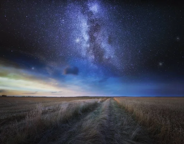 Fine art landskap med stjärnhimmel över stubb fält — Stockfoto