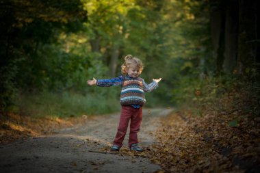 Sonbahar ormanda oynayan genç çocuk