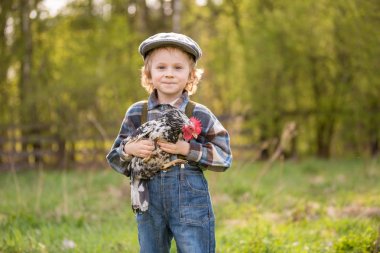 Tavuklu küçük çocuk portresi. Kafkas kıvırcık saçlı, şapkalı çocuk elinde küçük bir tavuk tutuyor..
