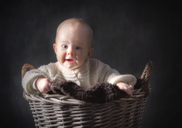 Beautiful Baby Girl Big Basket Portrait Studio Shot Month Old — Stock Photo, Image