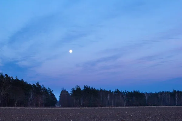 Lua Sobre Campo Primavera Céu Noite Colorido Com Lua Sobre — Fotografia de Stock