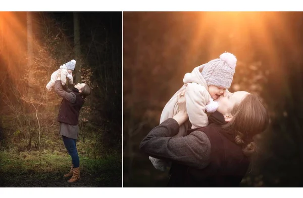 Schöne Kleine Mädchen Mit Ihrer Mutter Wald Außenportriat Von Mutter — Stockfoto