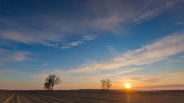 Vacker Kväll Färgglad Himmel Över Plogade Fält Och Träd Typiskt — Stockfoto