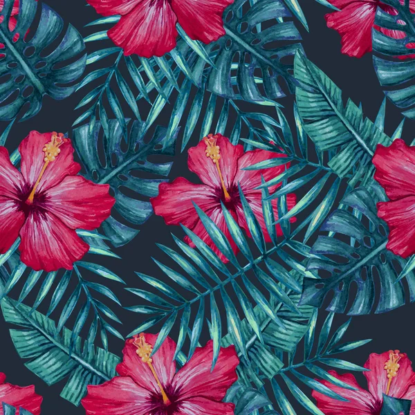 Aquarel hibiscus bloem en palm bladeren naadloos patroon. — Stockfoto