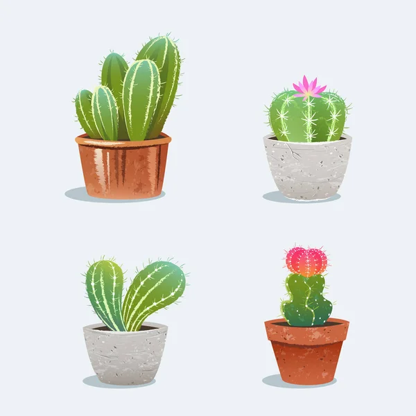 Conjunto de quatro cactos em vaso de flores. Plantas domésticas. Ilustração vetorial — Vetor de Stock