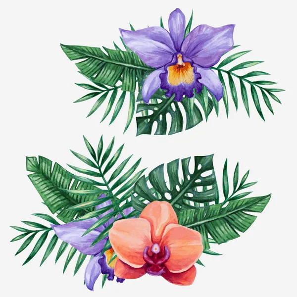 Watercolor tropical flowers and palm tree leaves.